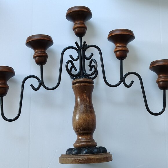 Boho Chic Candleabra Brown Wood 5 Candleholder Black Metal Casual - Picture 11 of 16